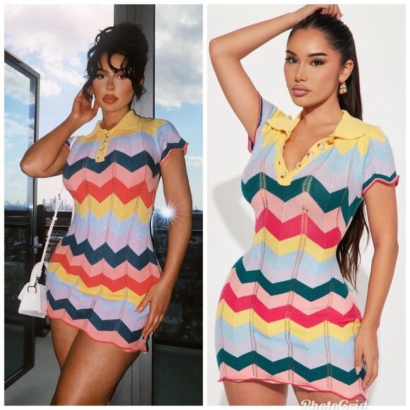 Fashion Nova Always Happy Colorful Chevron Knit Mini Dress - Picture 1 of 9